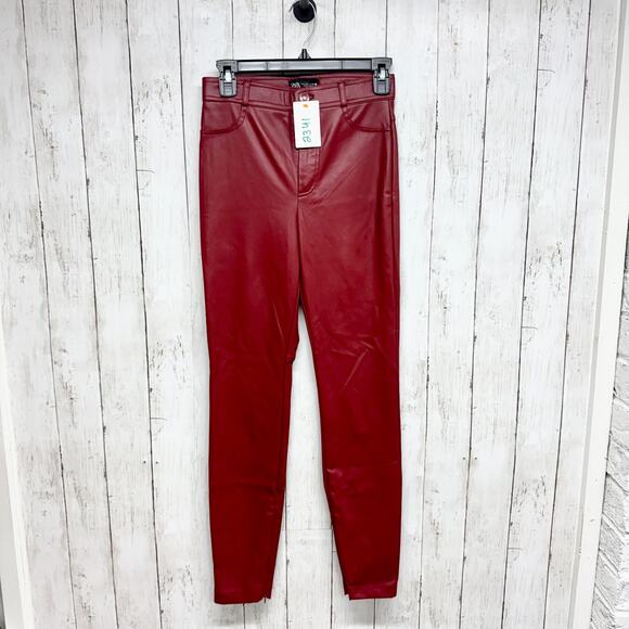 Zara Pants Women Size Small Red Faux Leather High Rise Skinny Zip Fly Pockets - Picture 1 of 8